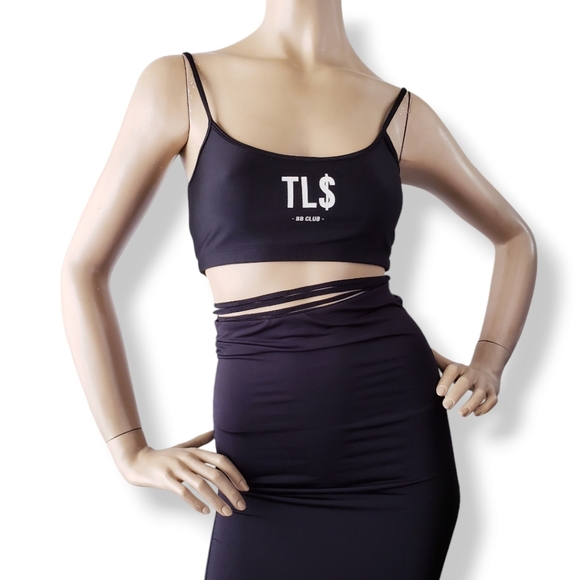This Is A Love Song Black "TL$ BB Club" Print Criss Cross Waist Tie Crop Top - Picture 8 of 9